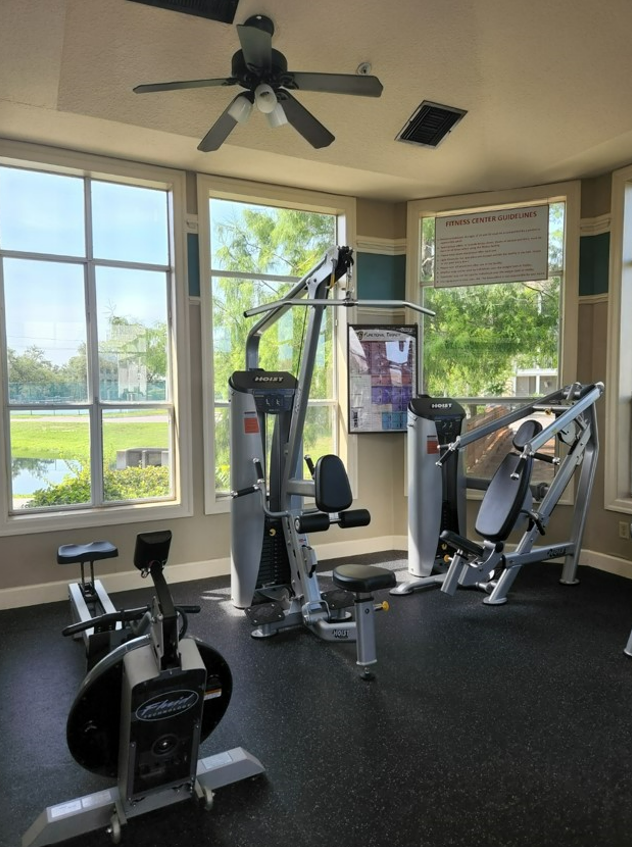 Open daily, 6:00 AM - 8:00 PM - The fitness center has been recently updated and provides a variety of aerobic and weight training equipment including:  Lat/Row, Butterfly/Chest & Leg Extension/Horizontal Curl machines Two treadmills & one cycling machine thumbnail